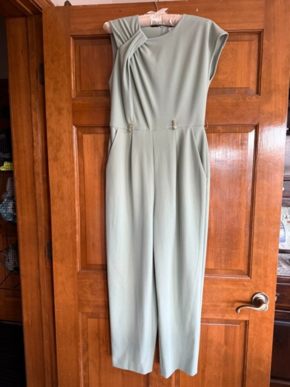 Calvin Klein Jumpsuit Sz 4 Sage Green Sleeveless Gathered on one side cap sleeve